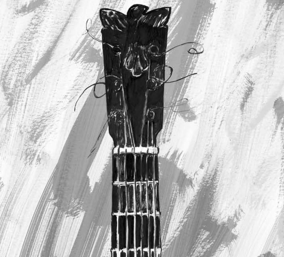 Ilustración en blanco y negro de la pala de una guitarra flamenca sobre fondo pintado