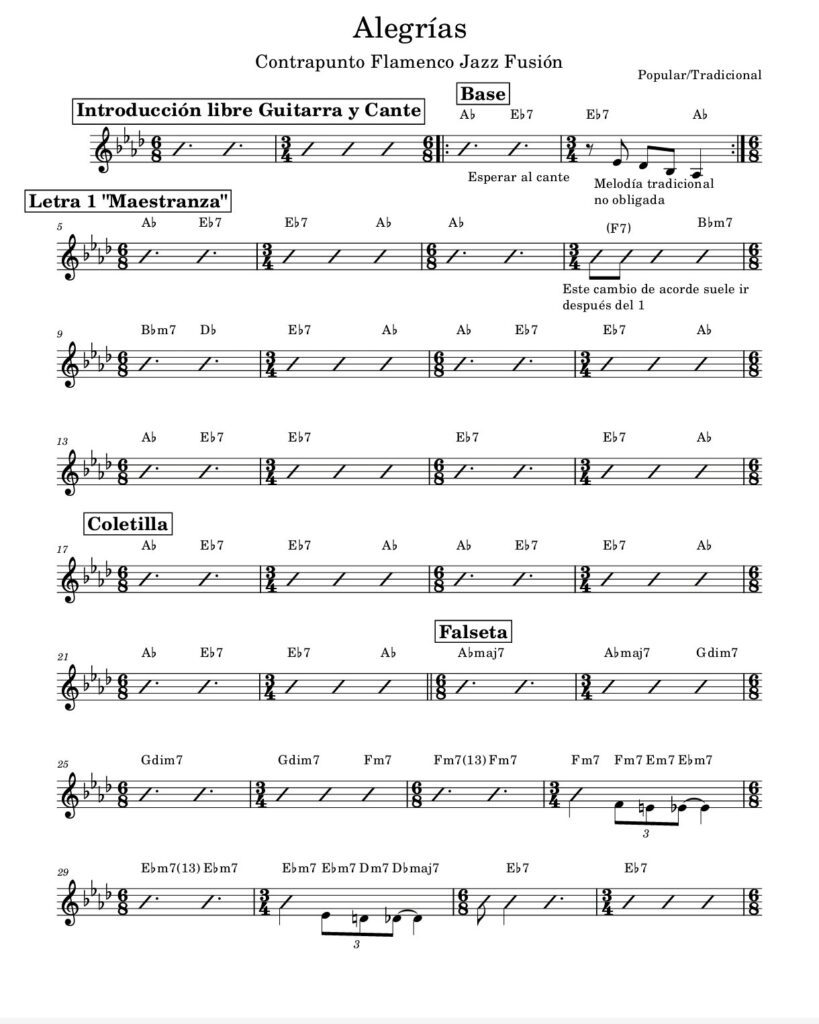 Partitura de las alegrías arregladas para el Quinteto Contrapunto